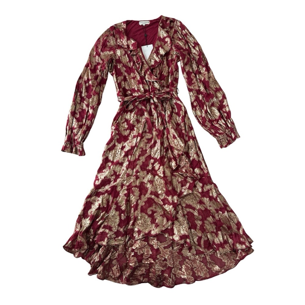 Hale Bob NWT Faux Wrap Ruffle Dress Womens Medium Red Gold‎ Floral Midi Metallic
